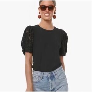 Pomander Place Black Top Puff Lace Sleeve Short Sleeve Tee Shirt‎ Womens